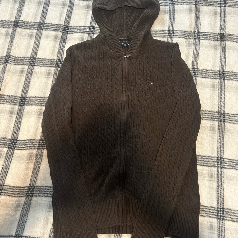 Vintage Y2K Tommy Hilfiger Dark Brown Zip-Up Sweater
